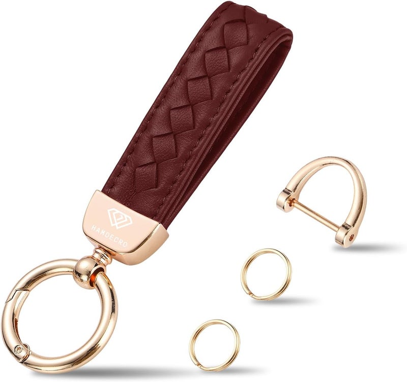 Hamdecro Store Genuine Leather Car Keychain, Handmade Knit Sheepskin Key chains for Women, Universal Key Fob Holder with 360 Degree Rotatable, Anti-Lost D-Ring, 2 Keyrings and 1 Screwdriver – Wine Red - Image 1